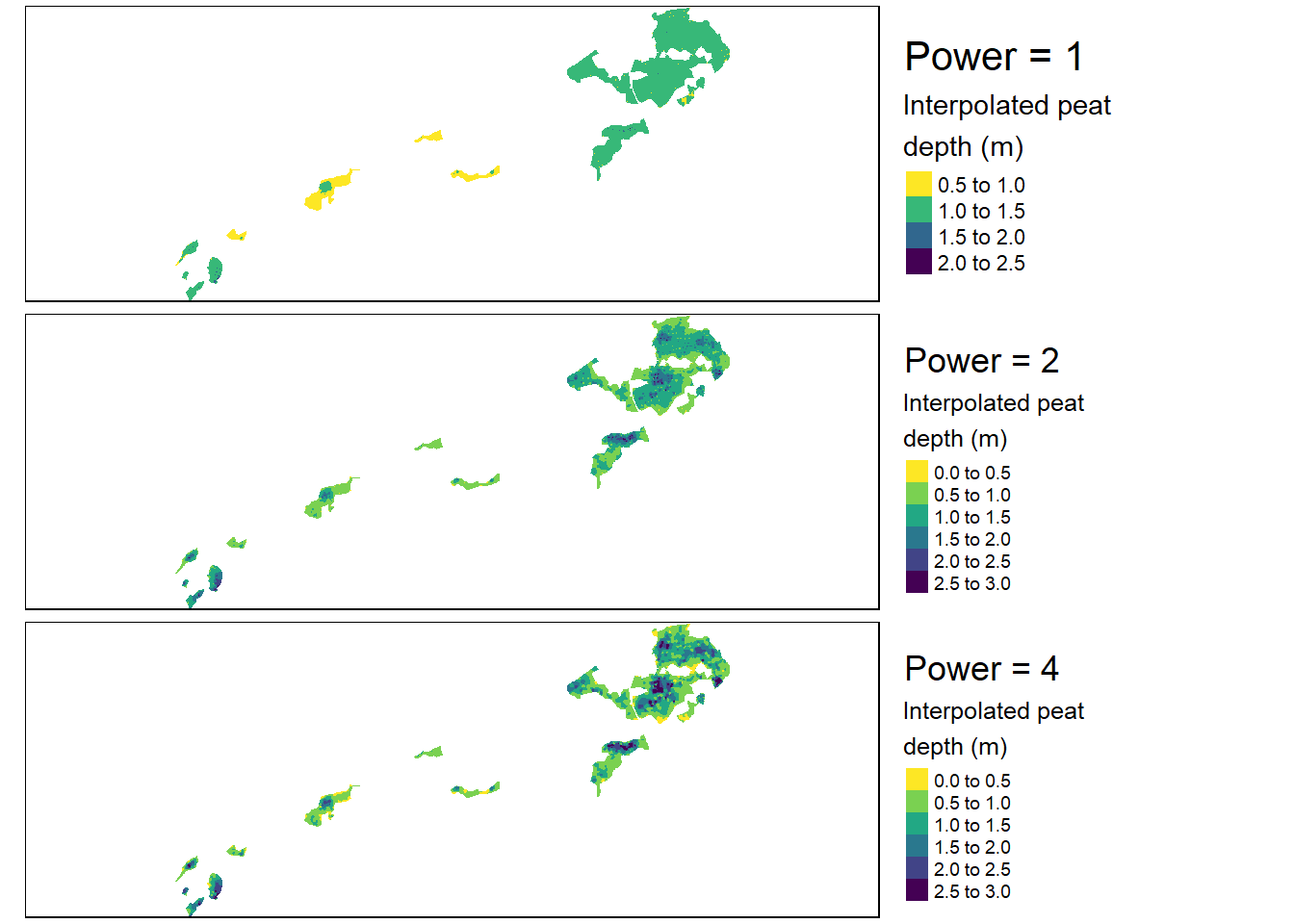 First view of how IDW models look like depending on the power parameter. Test site: Geilo.