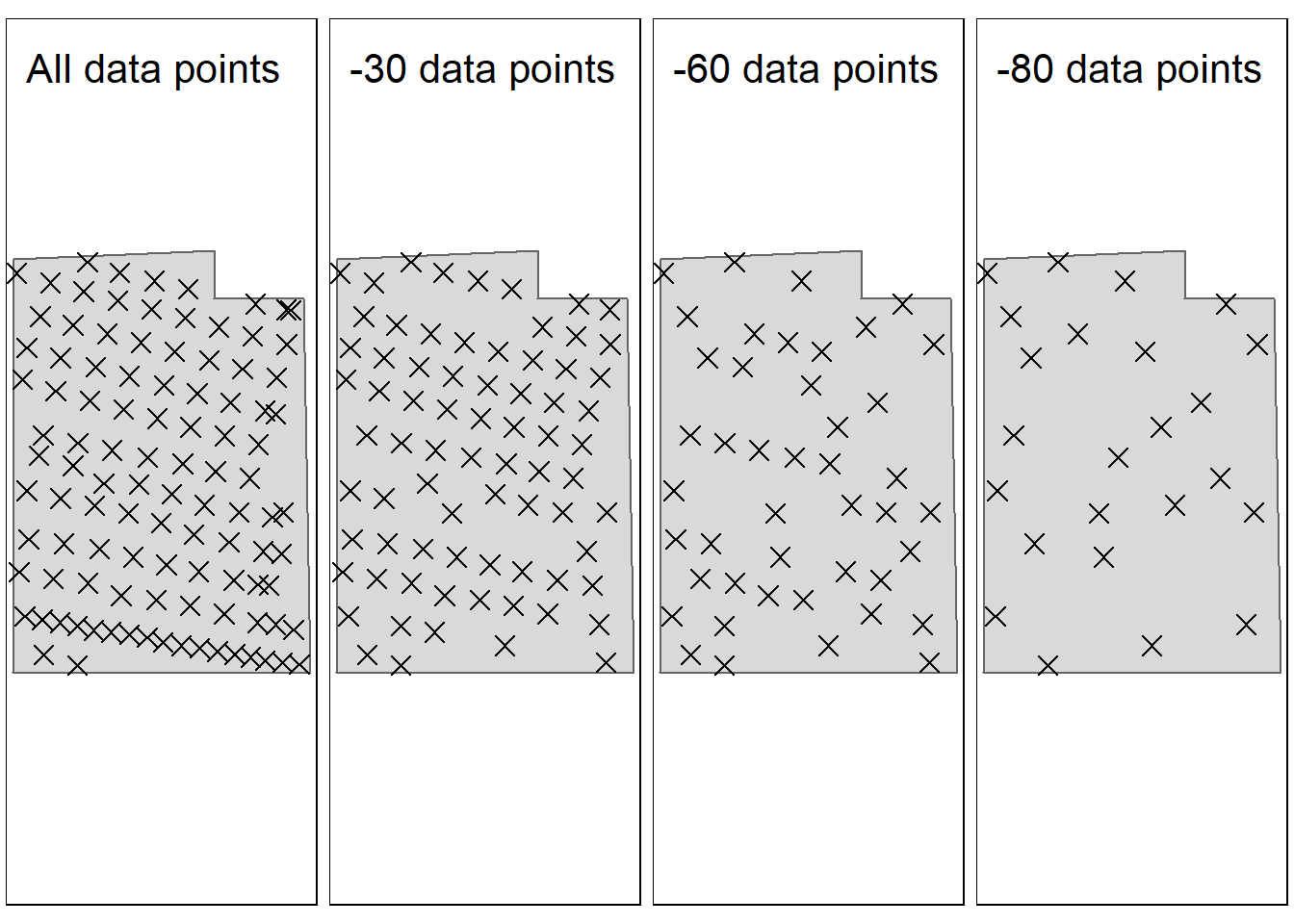 Demonstrating the gradual reduction in sampling points. after removing 80 data points, the median distance between the points is 28 meters. Test site: Tydal