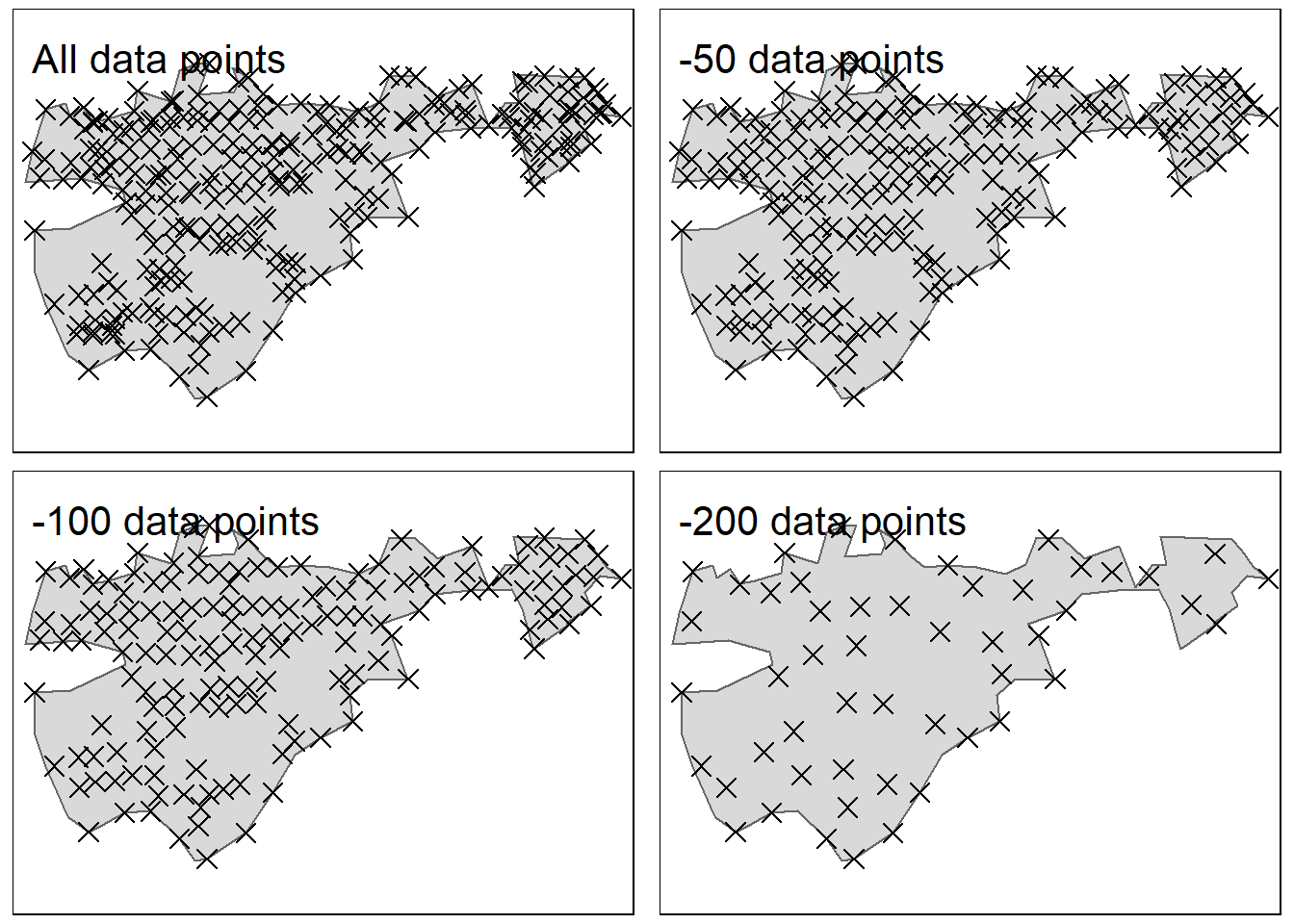 Demonstrating the gradual reduction in sampling points. after removinf 200 data poins, the median distance between points is 19 meters. Test site: Geilo