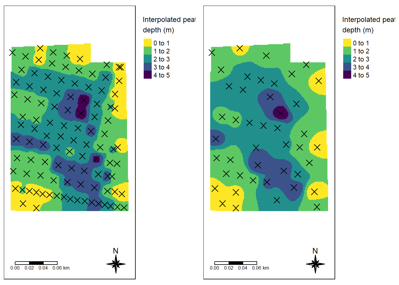 Comparing IDW prediction using all data points (left) and a reduced set of data points with median distance between point set to 20 meters.