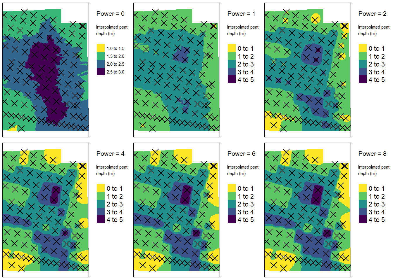 First view of how IDW models look like depending on the power parameter. Test site: Tydal.