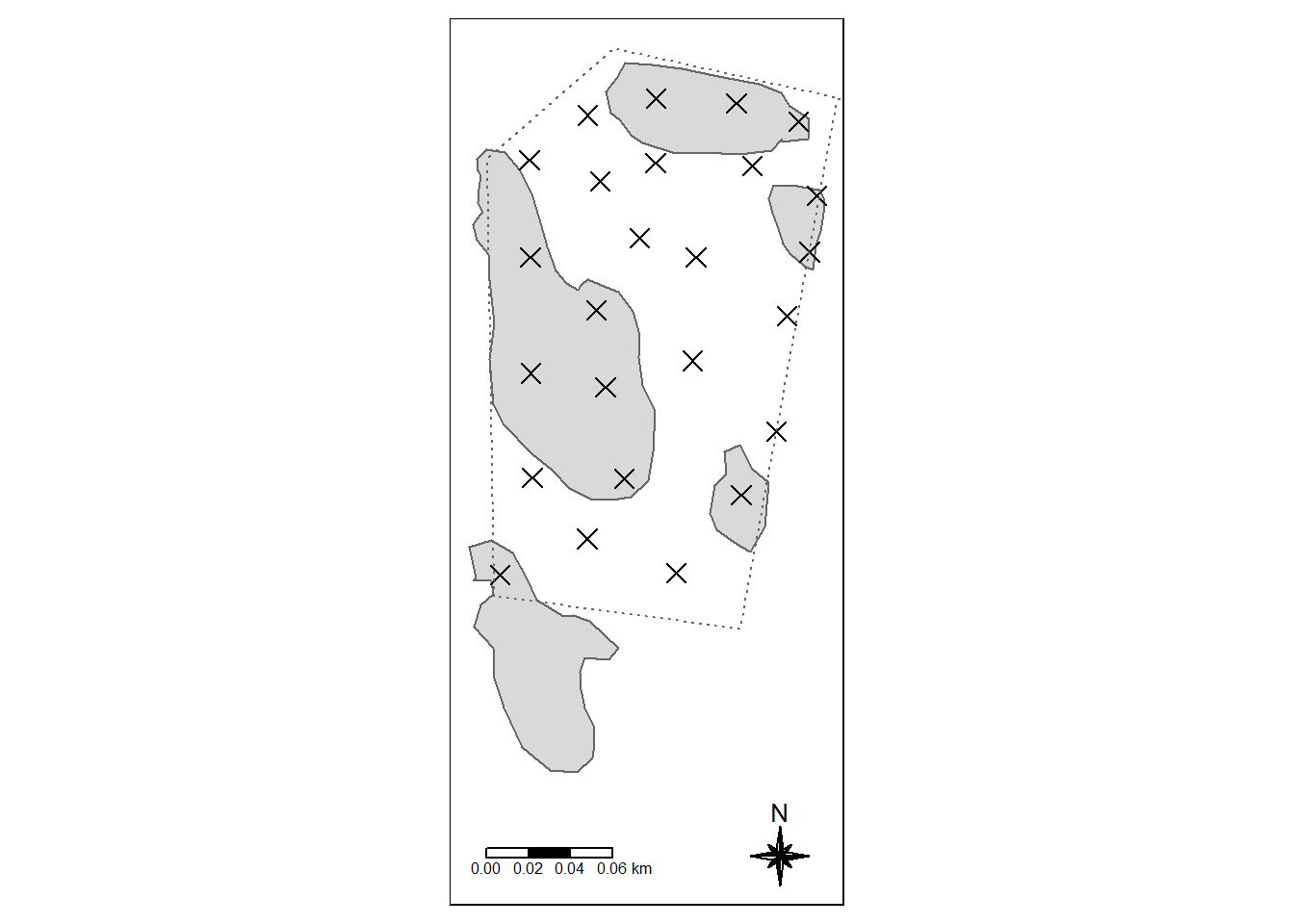 The Modalen test site sith peatland delineated as grey polygons. Crosses are peat depth samples, contained with in the project area (dotted line).