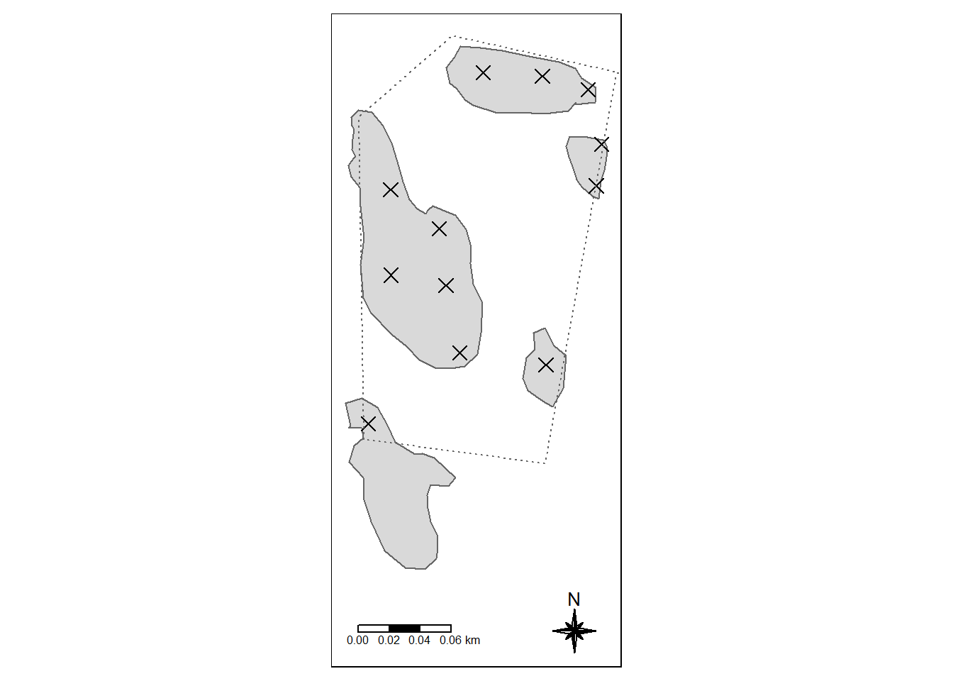 The Modalen test site sith peatland delineated as grey polygons. Crosses are peat depth samples, contained with in the project area (dotted line). Only depth measurements that intersects the mire polygons are included