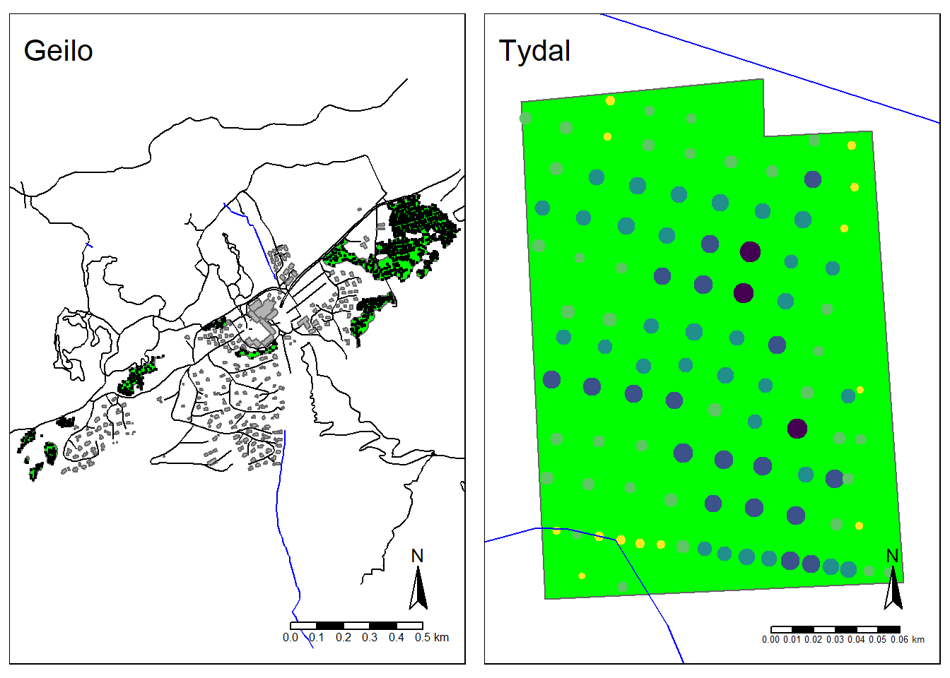 Map of Geilo and Tydal test sites. The peatland is deliminated as a green polygon(s). Dots are depth measurements and for Tydal the colour and size of the dots reflects the measured peat depths in meters.