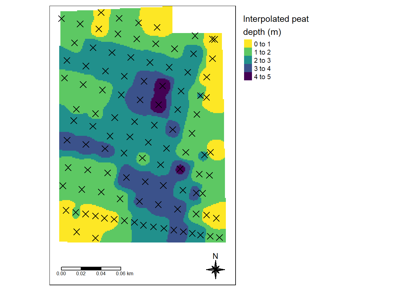 Best model for estimating the peat depth profile for the Tydal test site. Dots indicatore peat depth sampling points. MAE = 0.59 meters. Power = 4.