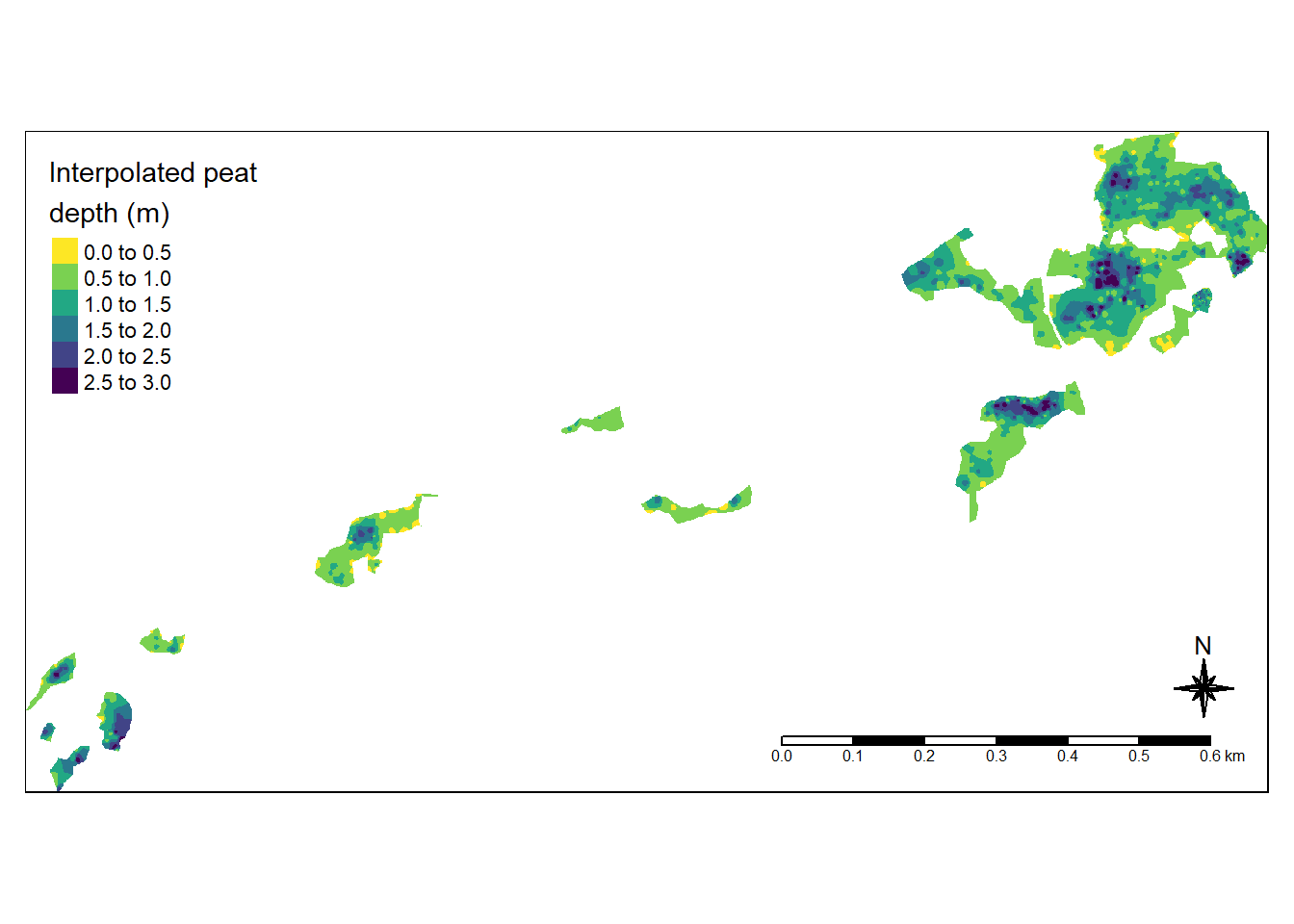 Best model for estimating the peat depth profile for the Geilo test site. Dots indicatore peat depth sampling points. MAE = 0.4 meters. Power = 3.