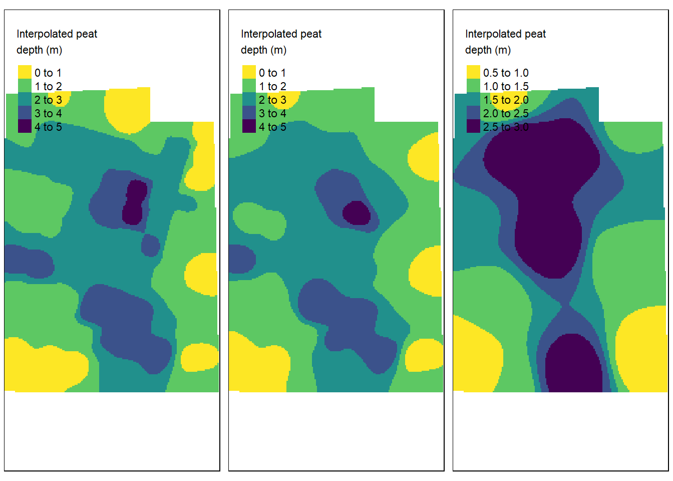 IDW with mean distance between data points fromleft to right: 19.4, 20.2 and 40 m. Test site: Tydal