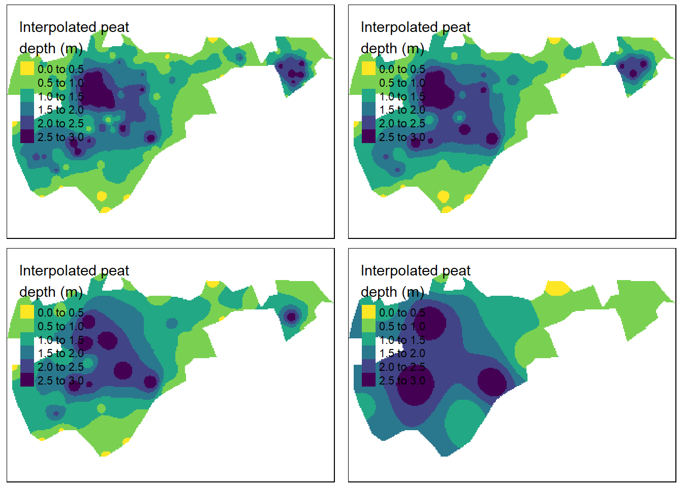 IDW with mean distance between data points from left to right, row by row: 9.1, 11.0, 17.3 and 44.5 m. Test site: Geilo