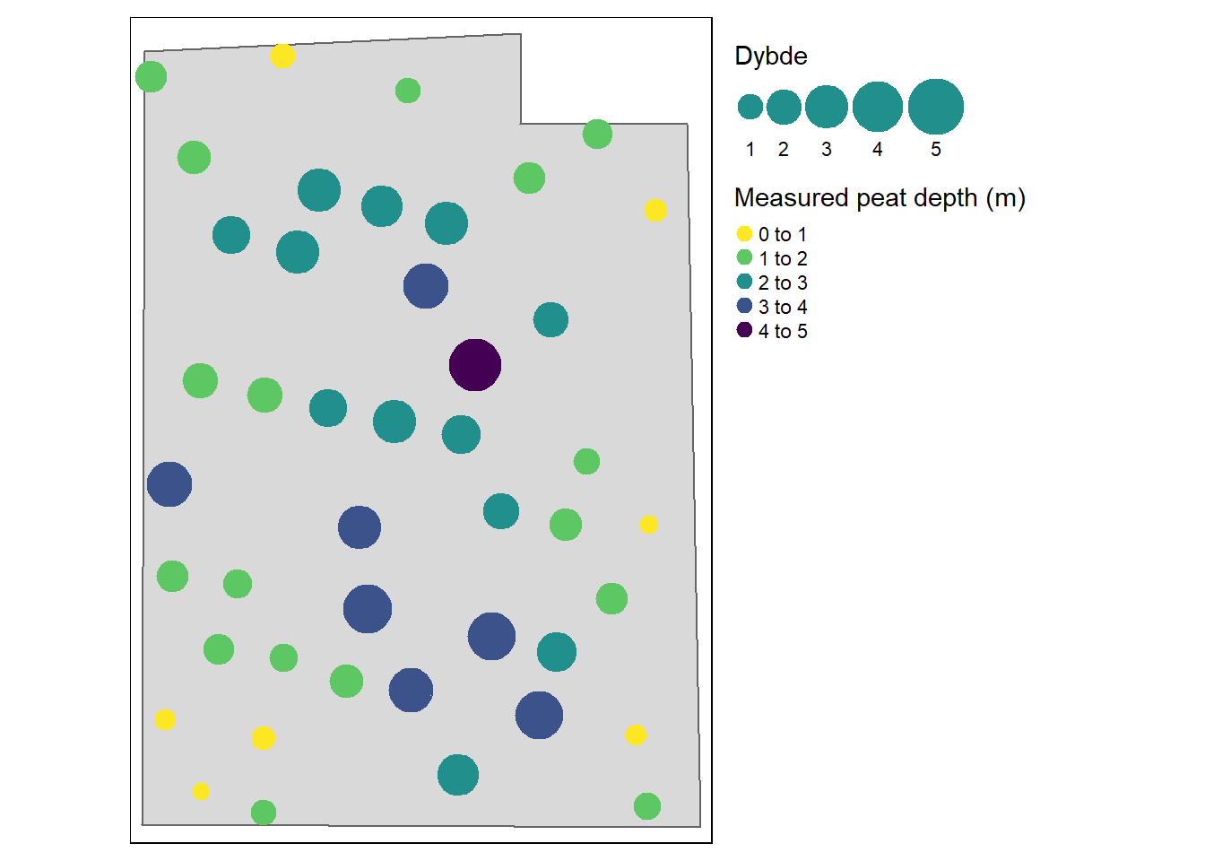 Peat depth measurements in the Tydal test site, after trimming the data poins so that the median distance between them is 20 meters.
